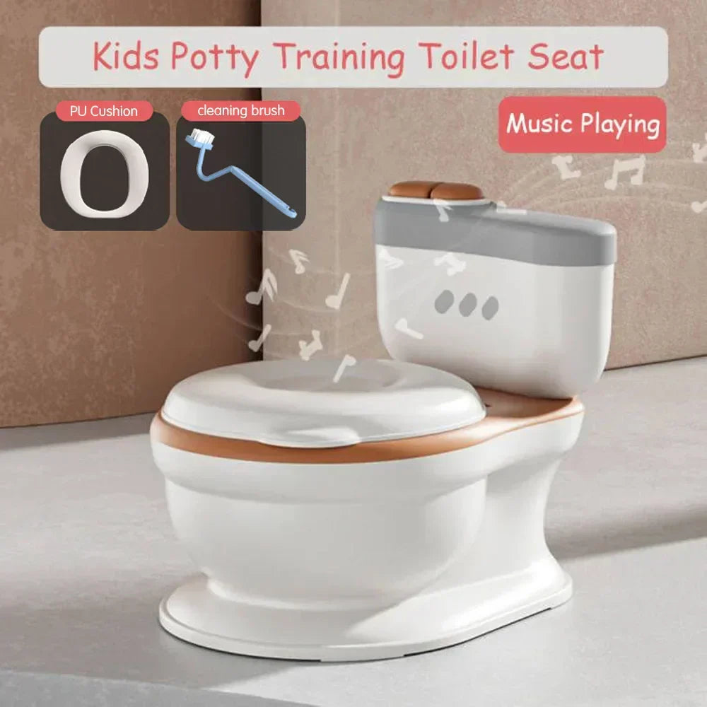 Brown PottyPal comfy potty training seat. Easy-clean toddler toilet with convenient wipe storage.