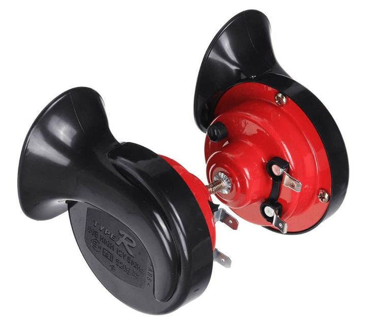 Durable black 300 decibel vehicle horn. A powerful universal car, truck, and motorcycle safety accessory.