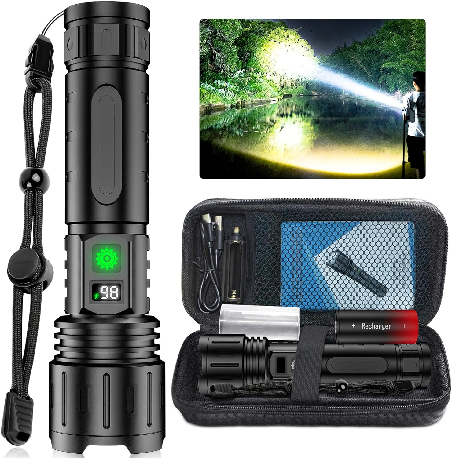 Powerful LED tactical flashlight with integrated power bank, ideal for outdoor & emergency use. Rechargeable & durable.
