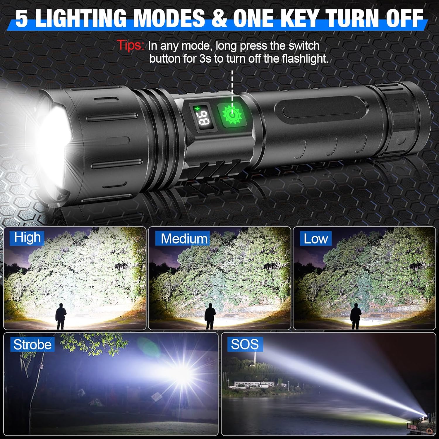 Bright LED emergency flashlight & power bank. High lumen light for outdoor gear, rechargeable & waterproof for survival.