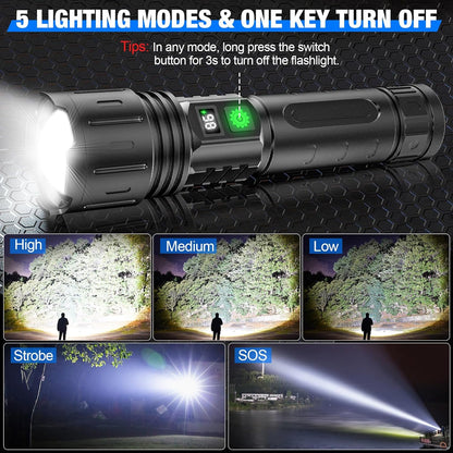 Bright LED emergency flashlight & power bank. High lumen light for outdoor gear, rechargeable & waterproof for survival.