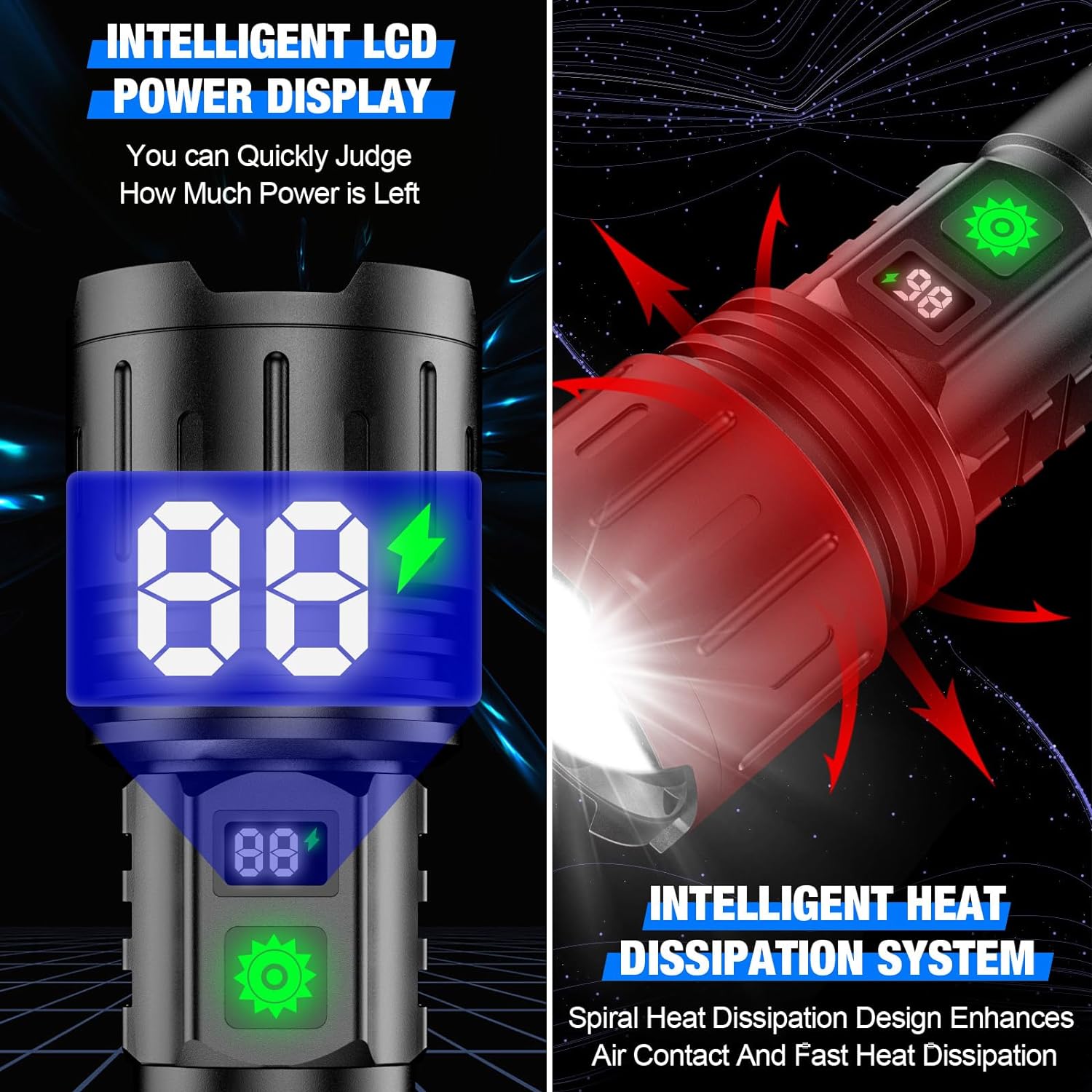 Rechargeable tactical LED flashlight with power bank feature. Essential outdoor gear for bright light & emergency power.