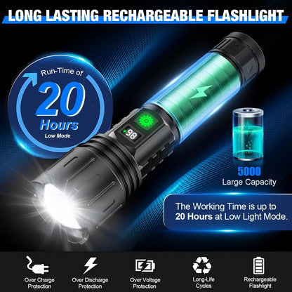 Durable aluminum tactical LED flashlight. High lumen, waterproof & functions as a power bank for outdoor adventures.