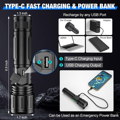 Versatile LED tactical flashlight & power bank. Perfect for camping, hiking, or as an emergency light. Bright & reliable.