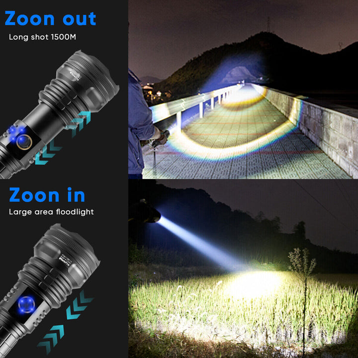 LED flashlight shining a powerful beam in a dark outdoor setting, perfect for night activities