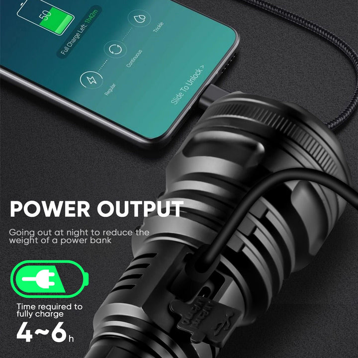 Ergonomic rechargeable LED flashlight, featuring a non-slip grip for secure handling outdoors