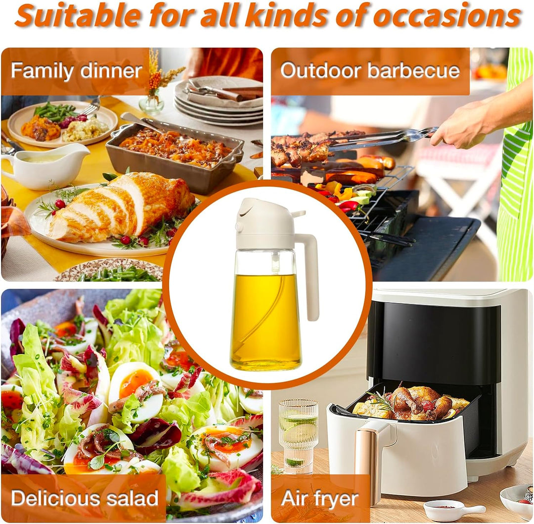 Kitchen essential: 16 fl oz dual oil sprayer & pourer in a durable glass bottle.