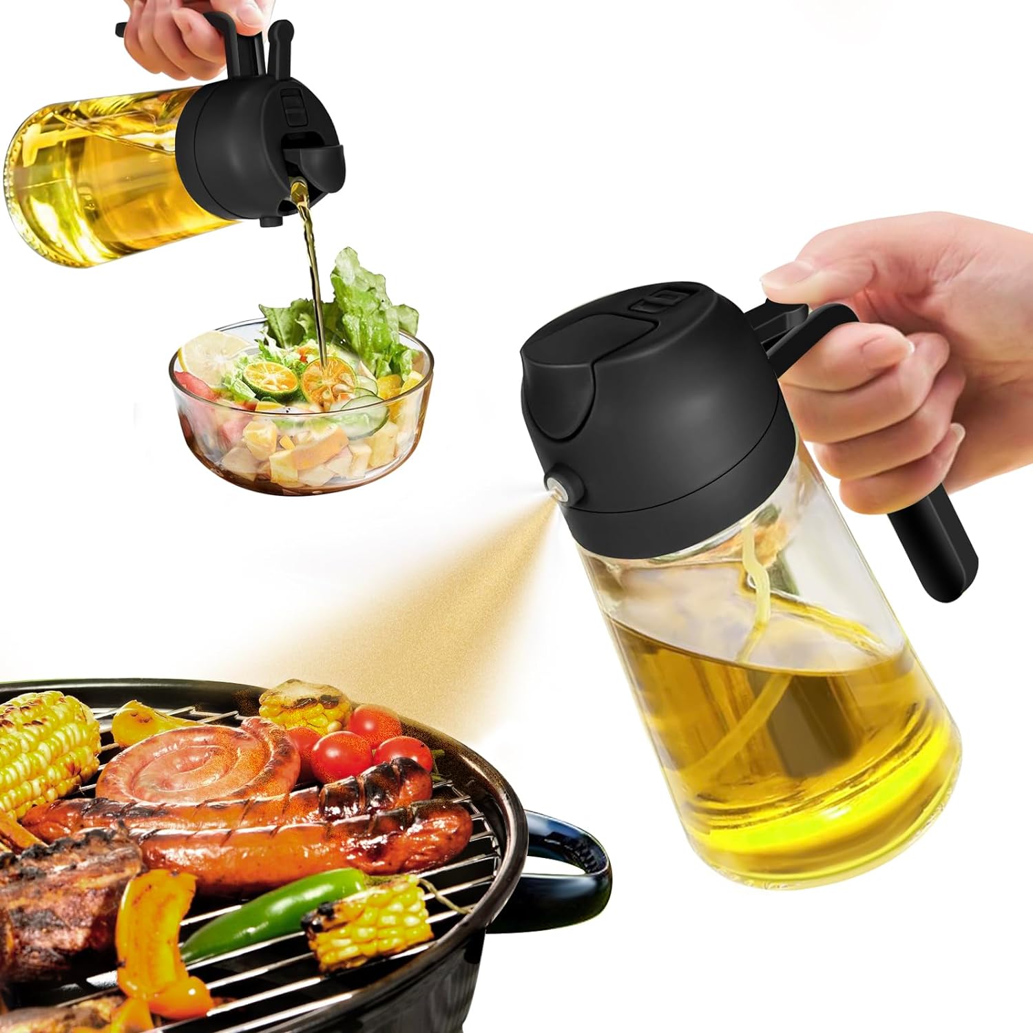 Premium 2-in-1 olive oil spray dispenser in a sleek glass bottle for healthy cooking and food prep.