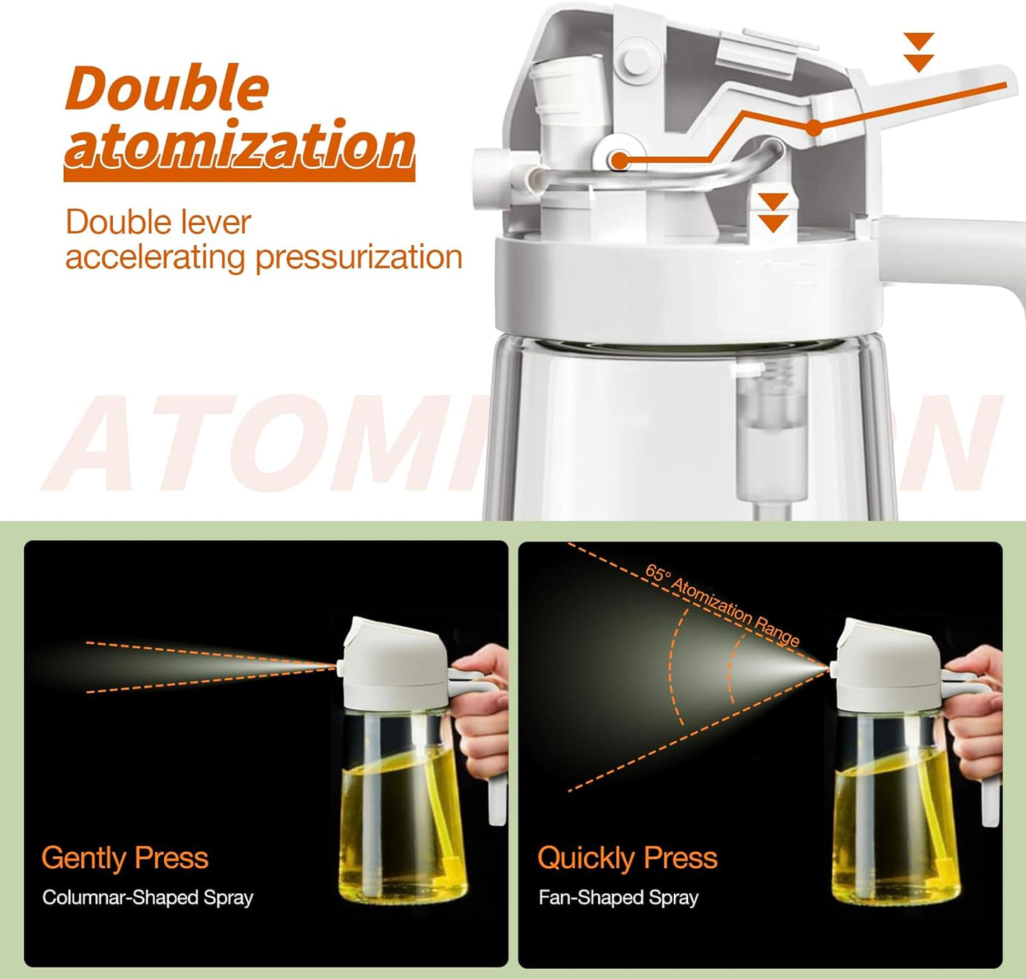 All-in-one 2-in-1 olive oil spray dispenser in glass, perfect kitchen tool for healthy cooking.