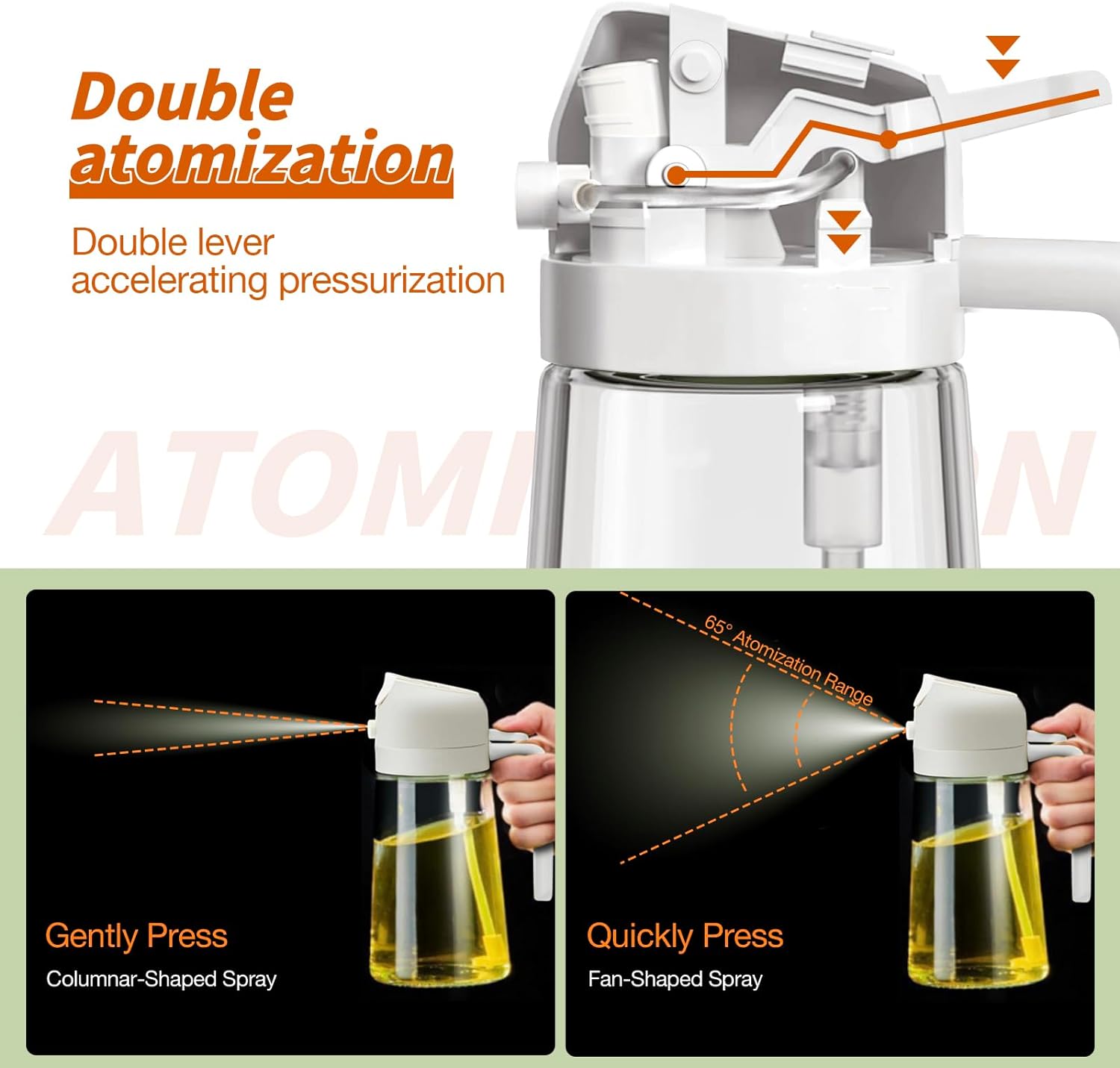 All-in-one 2-in-1 olive oil spray dispenser in glass, perfect kitchen tool for healthy cooking.