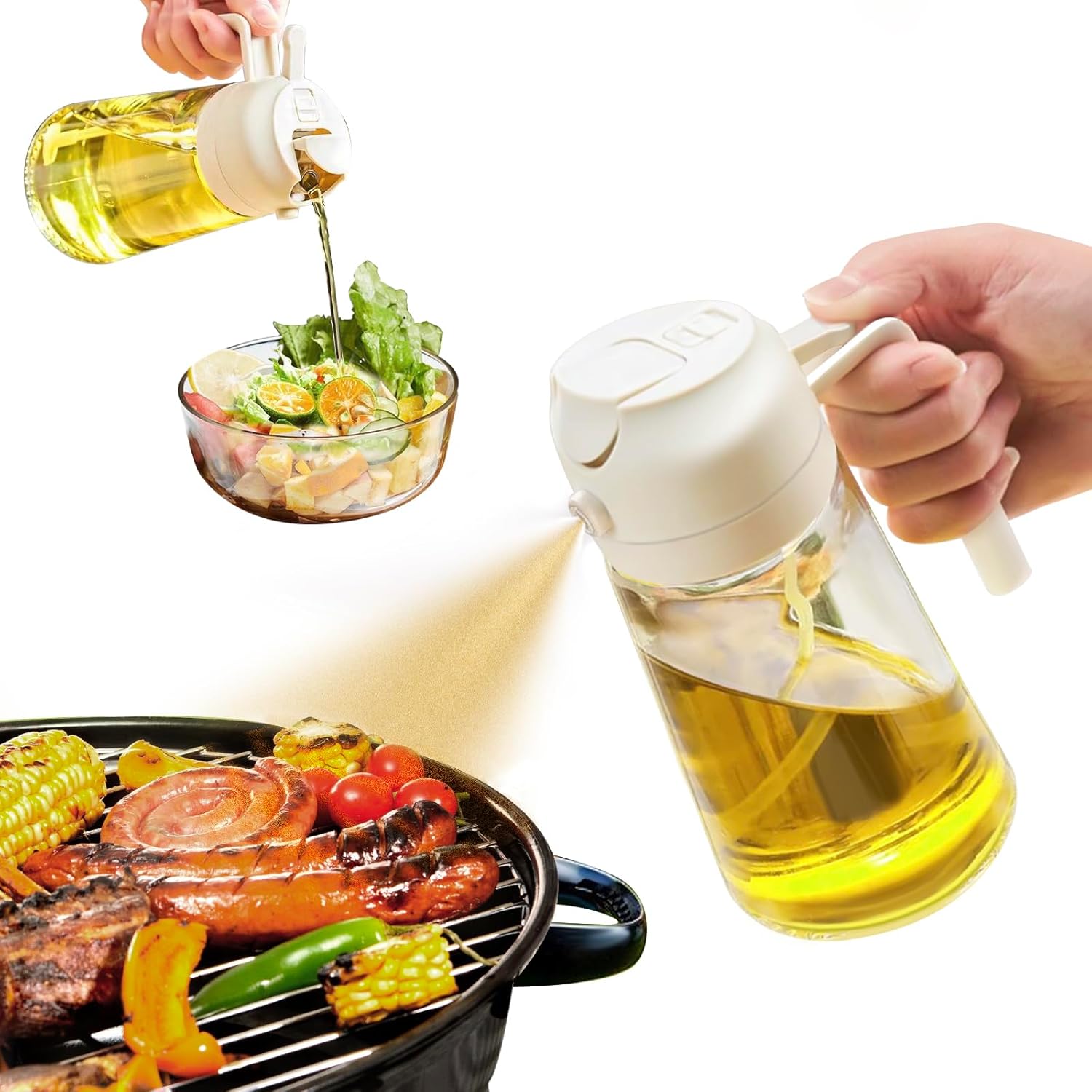 Versatile 2-in-1 olive oil spray and dispenser for precise healthy cooking & kitchen convenience.