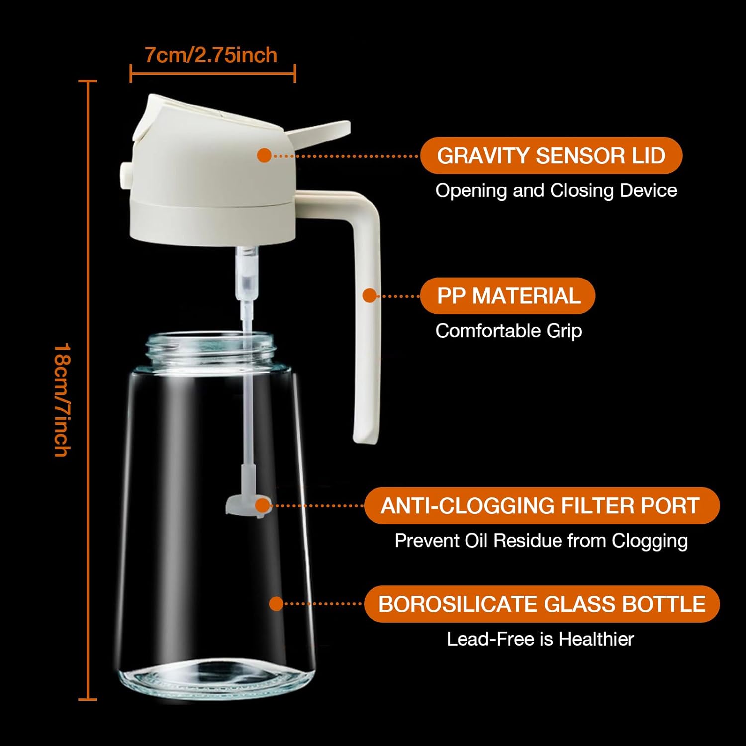 Refillable 2-in-1 olive oil spray & pour dispenser, a must-have glass kitchen tool for cooking.