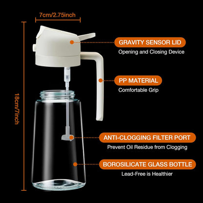 Refillable 2-in-1 olive oil spray & pour dispenser, a must-have glass kitchen tool for cooking.