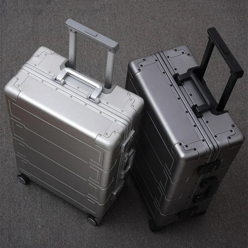 Unisex aluminum hardshell suitcase, ideal for business trips & vacations, with secure TSA lock.