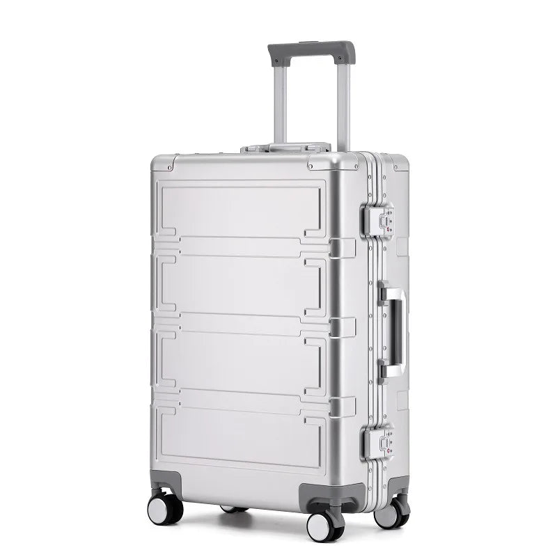 Sleek unisex hardshell aluminum suitcase, features secure TSA lock & 360-degree spinner wheels.