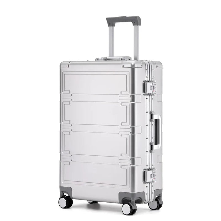 Robust aluminum travel baggage, hardshell design with TSA lock, perfect for secure and stylish trips.