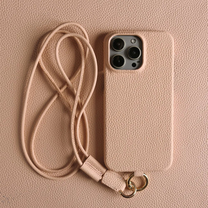 Elegant unisex genuine leather crossbody smartphone case for hands-free convenience and premium protection.
