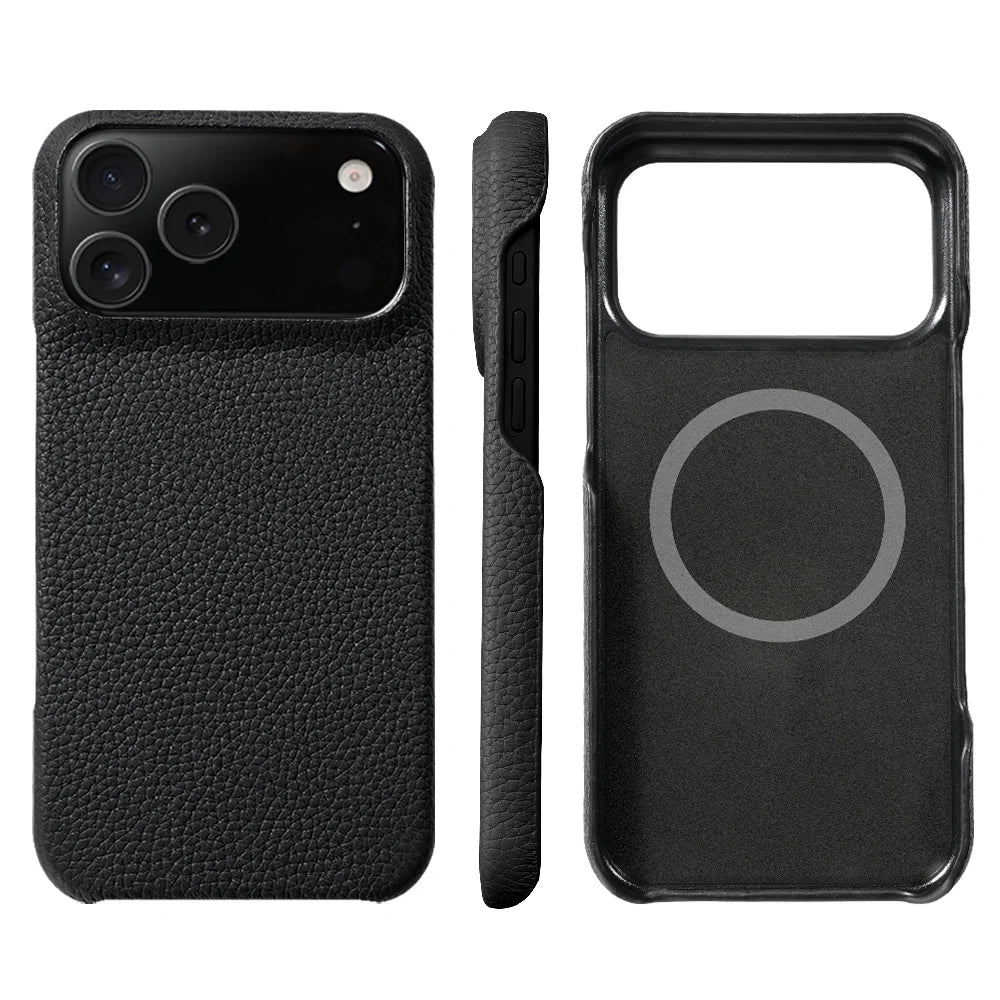Genuine premium leather iPhone case with MagSafe technology for secure phone protection.