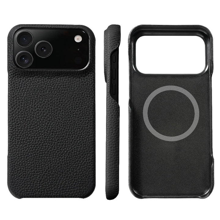 Genuine premium leather iPhone case with MagSafe technology for secure phone protection.