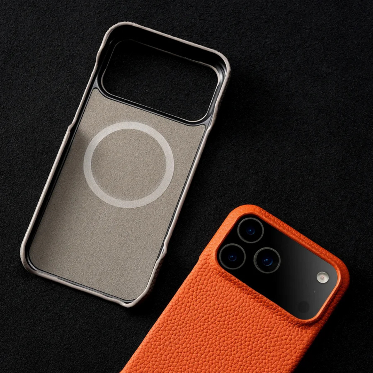 MagSafe compatible premium leather iPhone case, shock absorbent & scratch resistant for protection.