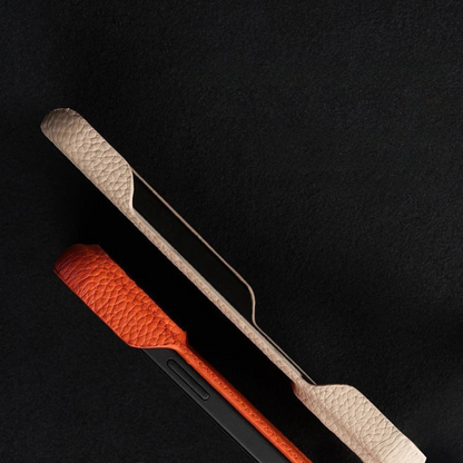 Luxurious premium leather iPhone case, slim design for stylish MagSafe compatible phone protection.