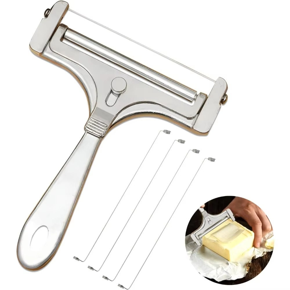 Premium stainless steel cheese slicer with adjustable thickness, ideal kitchen tool for food prep.