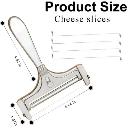 Professional-grade stainless steel cheese slicer with adjustable wire for precise, even slices.