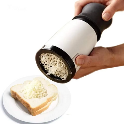 Silver stainless steel cheese slicer featuring an adjustable cutting wire, great for food prep.