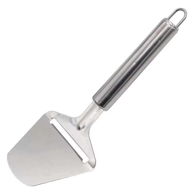 Ergonomic cheese slicer: black handle, premium stainless steel, adjustable for various cheese thicknesses.