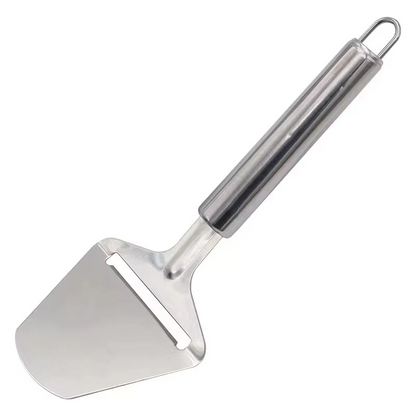 Ergonomic cheese slicer: black handle, premium stainless steel, adjustable for various cheese thicknesses.