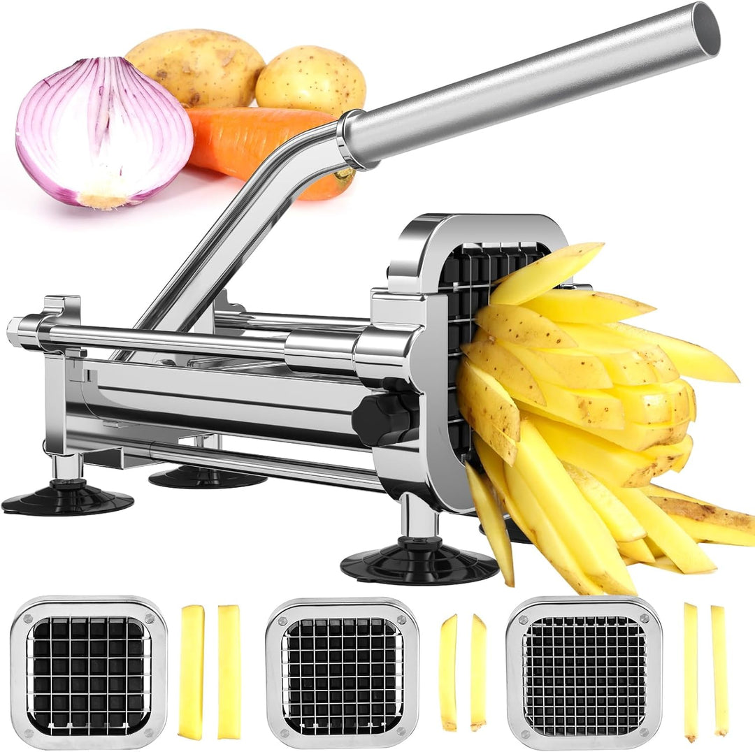 Premium stainless steel french fry cutter for effortless potato slicing. Ideal kitchen tool for home cooks.