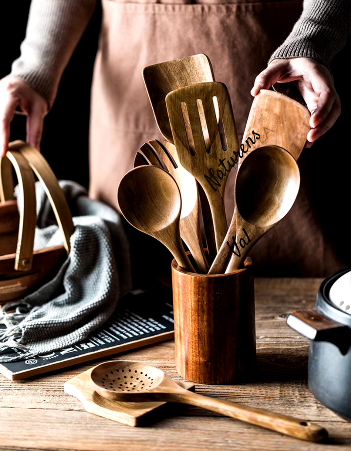 Long-lasting teak wood cooking tools, a premium kitchen utensil set designed for daily use.