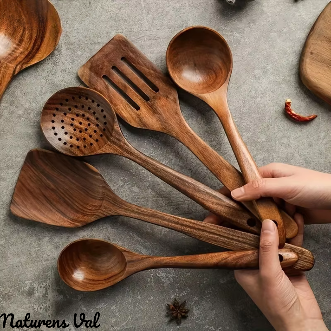 Durable teak wood cooking spoon, sustainable kitchen tool for healthy meals.