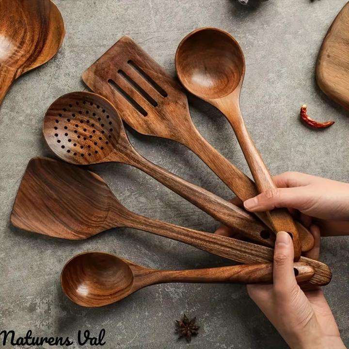 Durable teak wood cooking spoon, sustainable kitchen tool for healthy meals.