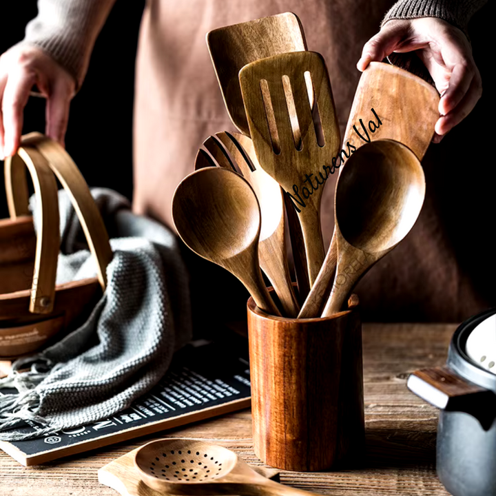Natural teak wood cooking tools, an eco-friendly & healthy kitchenware set.