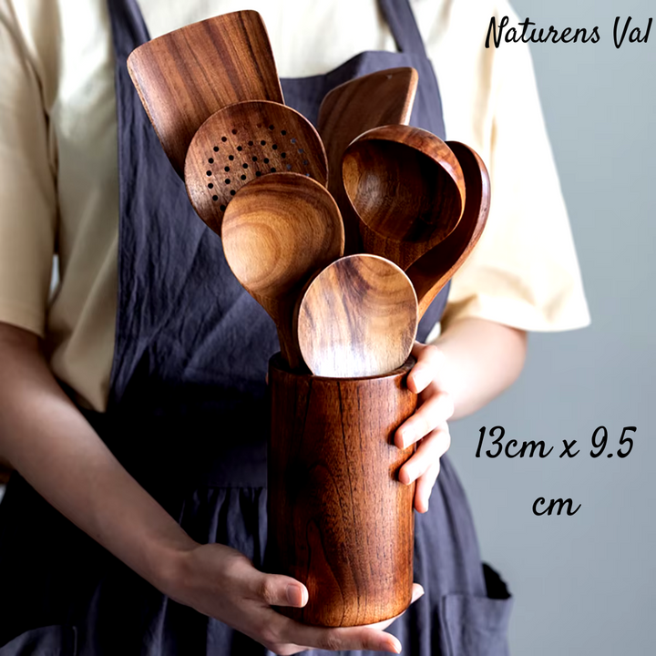 Sustainable teak wood utensil set for a minimalist and eco-conscious kitchen.