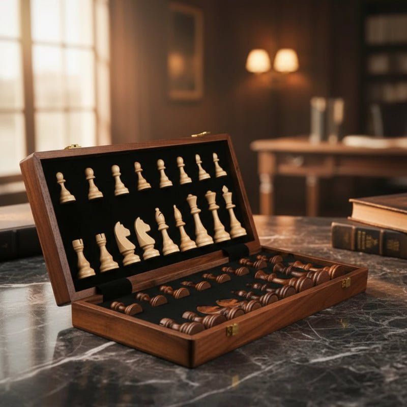 Premium wooden chess set with a folding board and solid wood pieces, perfect for strategy games.