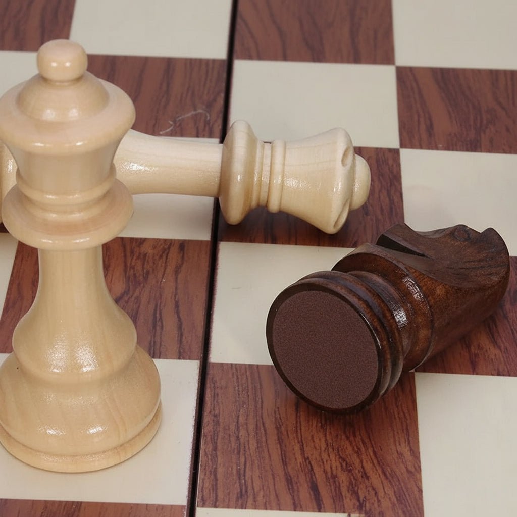 Closed folding wooden chess board, compact and ready for travel. Ideal for strategy games on the go.
