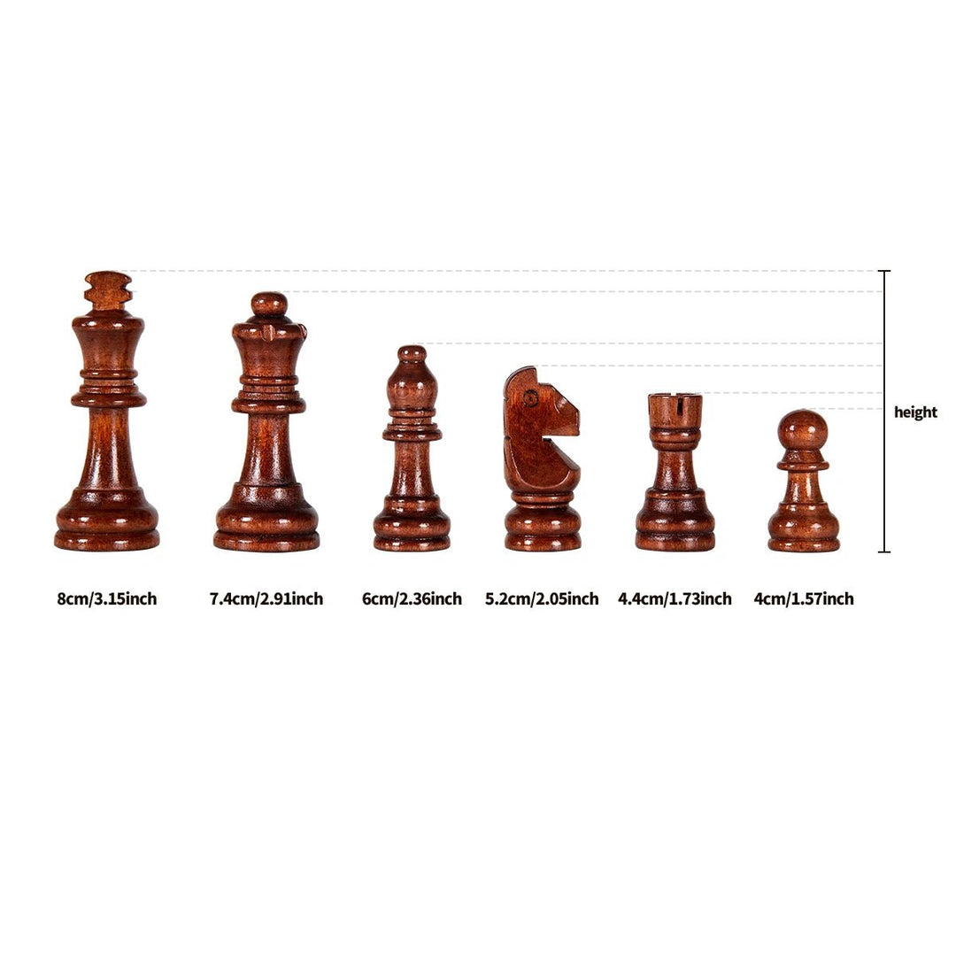 Unfolded premium wooden chess board with solid wood pieces arranged for a classic strategy board game.