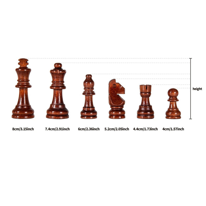 Unfolded premium wooden chess board with solid wood pieces arranged for a classic strategy board game.