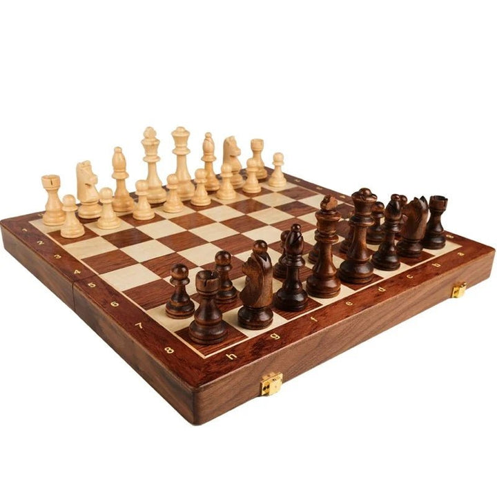 Compact folding wooden chess set with solid pieces, perfect for family game nights or travel strategy games.