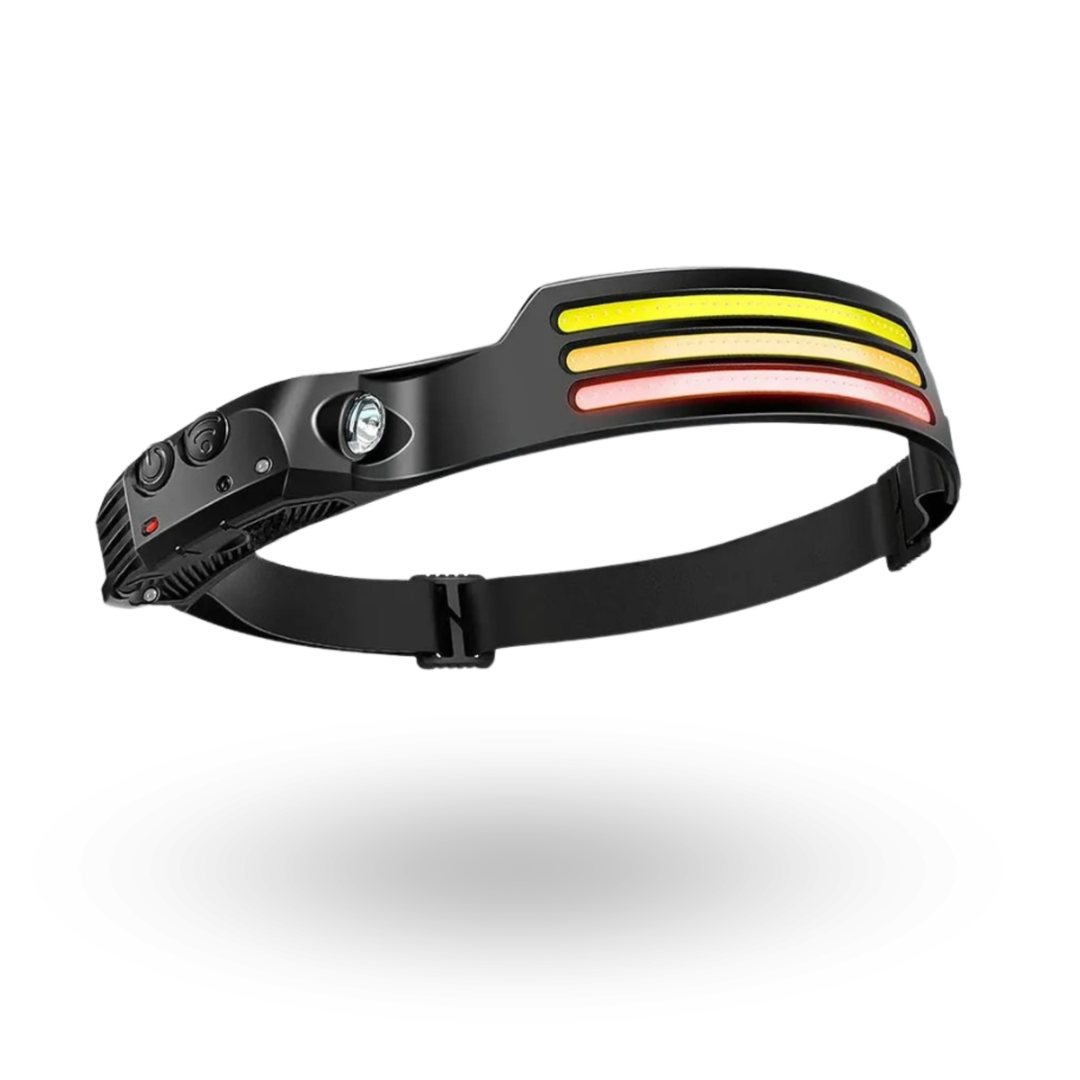 ProBeam adjustable LED headlamp on a model's head, illuminating a dark trail, ideal for hiking and running.