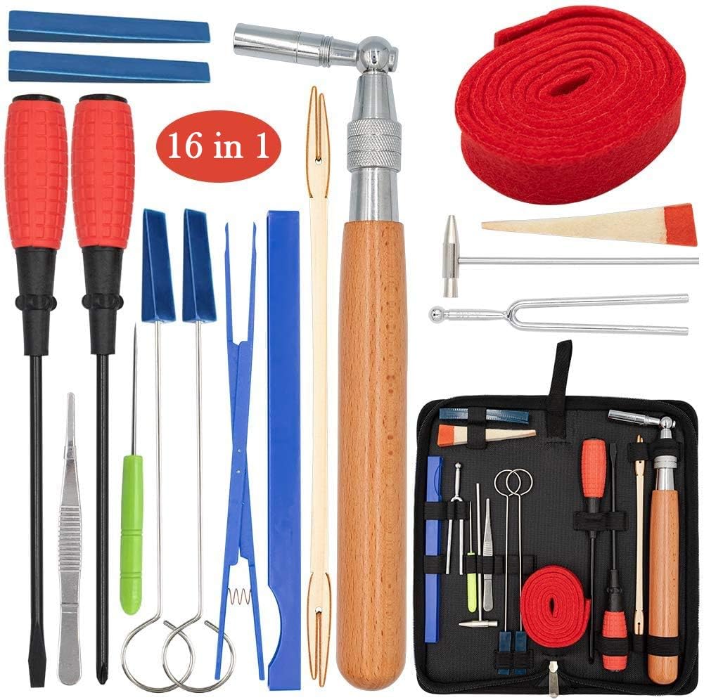 Arvena professional piano tuning kit featuring a solid wood tuning hammer, mutes, and other maintenance tools.