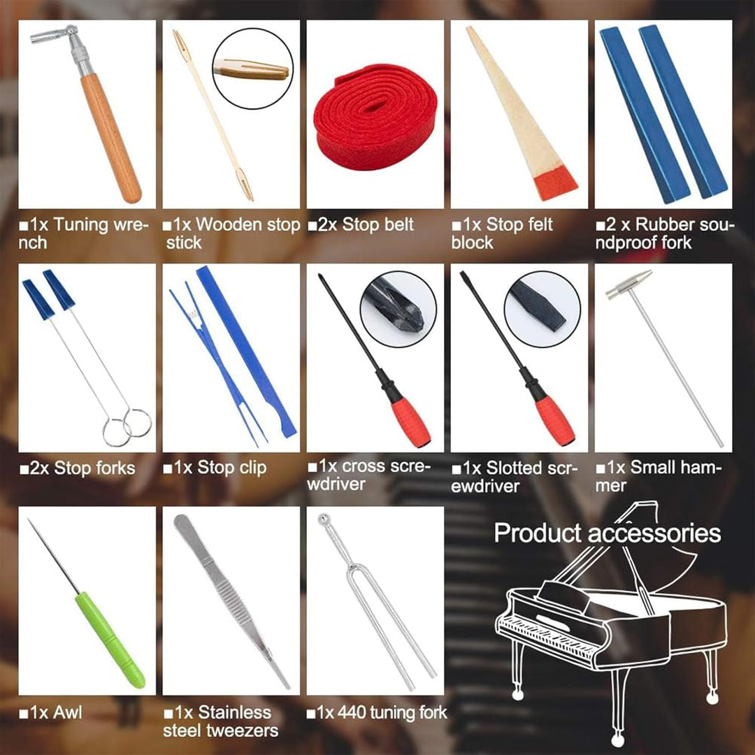 Organized 16-piece piano tuning kit in a compact storage case, perfect for professional or home piano care.