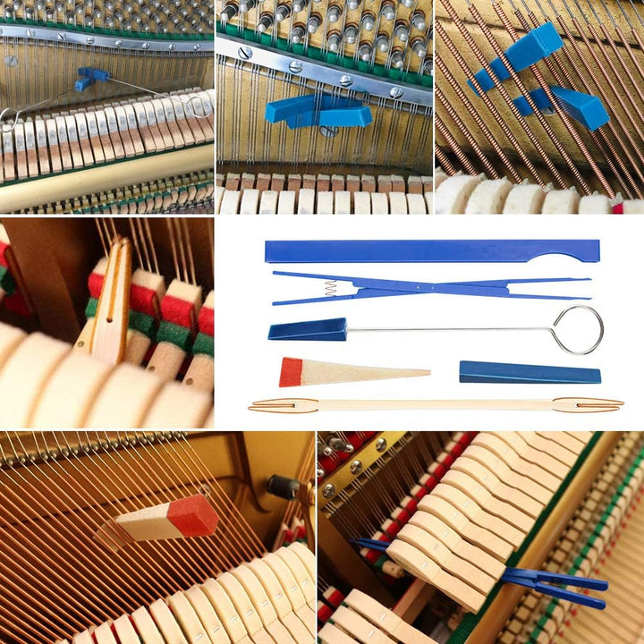 Complete 16-piece piano tuning kit with storage, offering precision tools for expert piano maintenance & sound.