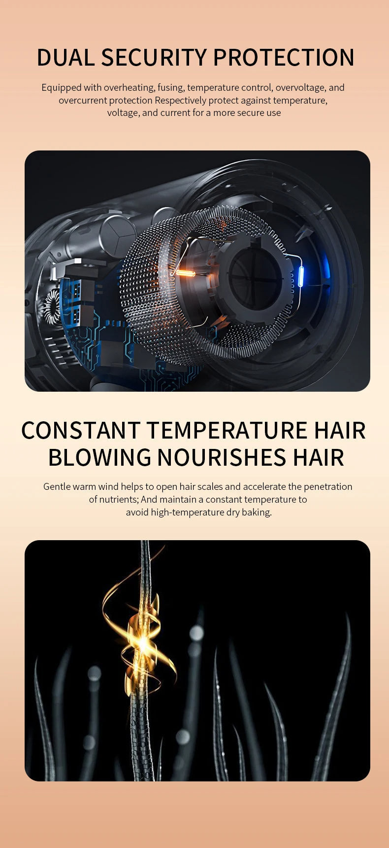 Salon performance 2400W hair dryer with negative ion technology and hot/cold air.