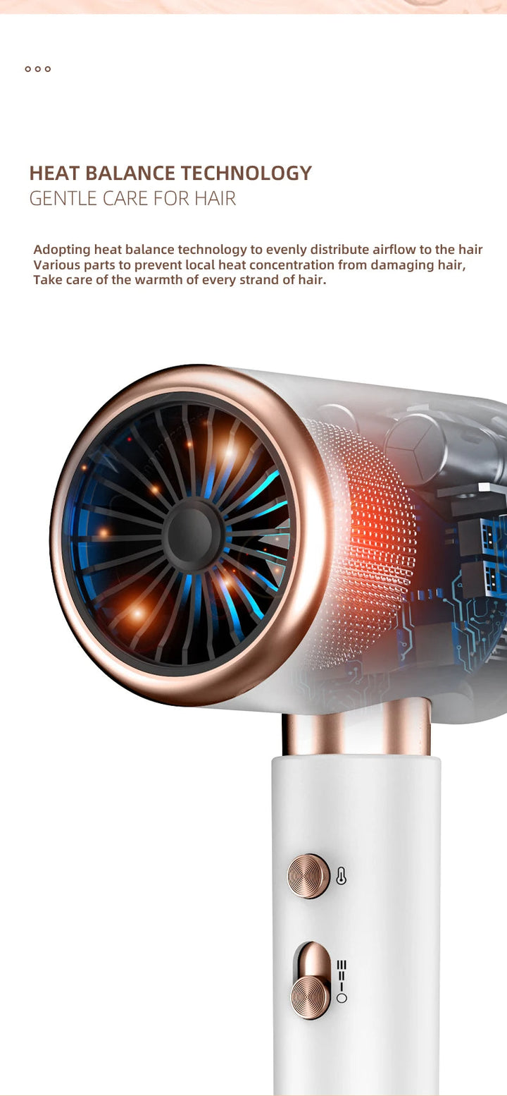 Powerful 2400W hair dryer, negative ions for smooth hair and frizz reduction.
