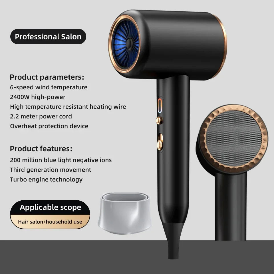 Powerful 2400W hair dryer, fast drying, negative ions for smooth salon hair.