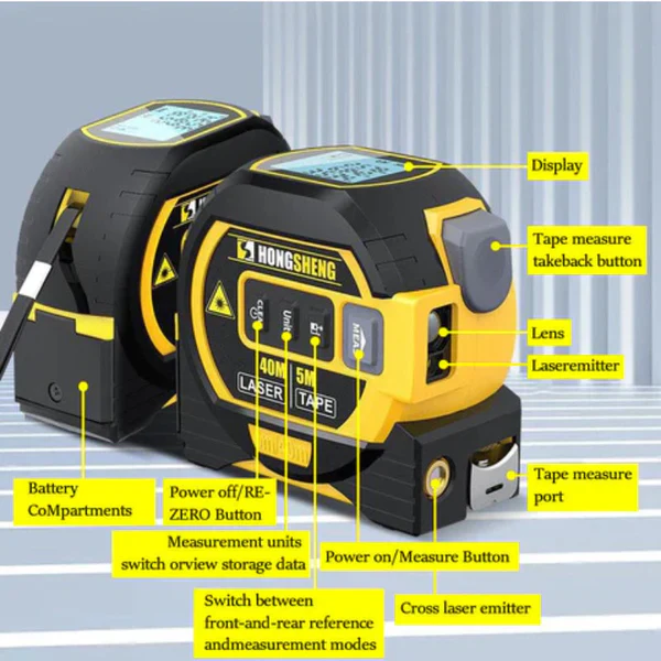 Compact 3-in-1 laser tape measure for DIY and professional use, featuring infrared distance and digital display.