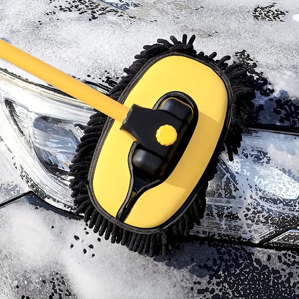 Professional car wash brush with long telescopic handle, soft microfiber for scratch-free auto detailing & cleaning.